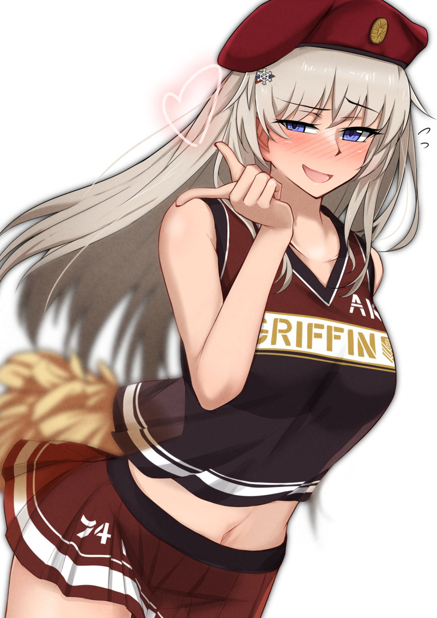 absurdres ak74m_(girls'_frontline) beret blue_eyes blush breasts brown_skirt cheerleader clothes_writing collarbone girls_frontline grey_hair hair_ornament hairclip hat highres long_hair looking_at_viewer medium_breasts midriff mosa331 navel open_mouth pom_pom_(cheerleading) red_headwear simple_background skirt white_background
