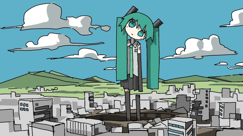 black_legwear building clouds cloudy_sky full_body giant green_eyes green_hair hatsune_miku head_tilt highres hill hole necktie shaded_face skirt sky thigh-highs tsukumizu_yuu twintails vocaloid