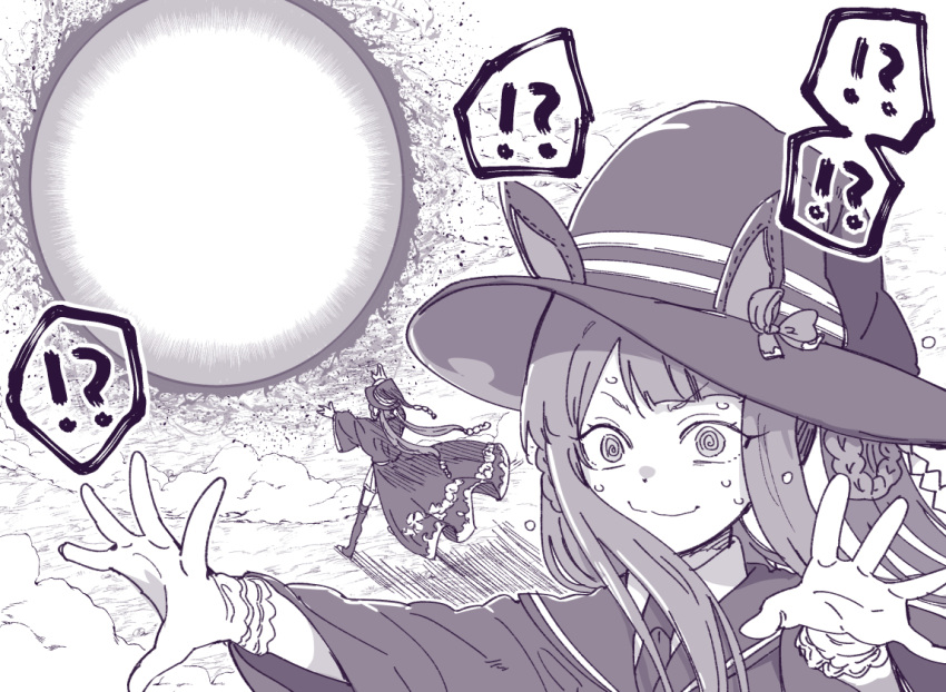 !? @_@ animal_ears boots commentary_request energy_ball gloves hair_rings hat horse_ears horse_girl magic monochrome portrait smile smoke standing sweat sweating_profusely sweep_tosho_(umamusume) taguchi_kenji_(omaep) thigh-highs thigh_boots umamusume witch_hat