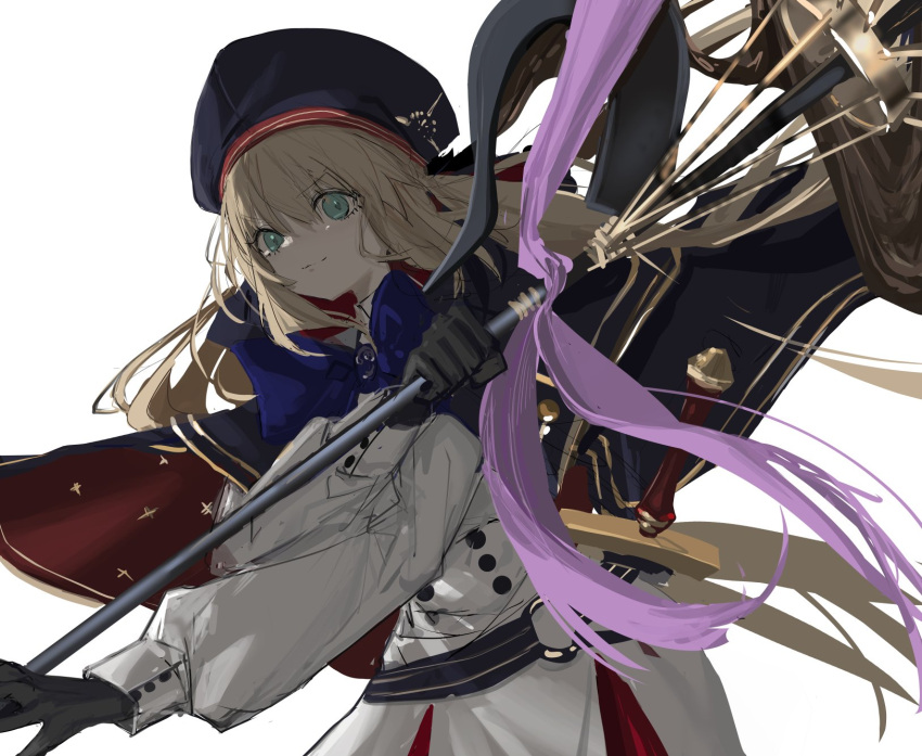 1girl artoria_caster_(fate) artoria_caster_(second_ascension)_(fate) artoria_pendragon_(fate) belt black_belt black_gloves black_headwear blonde_hair blue_bow blue_bowtie blue_eyes bow bowtie buttons cape closed_mouth double-breasted dress fate/grand_order fate_(series) floating_hair gloves hat highres holding holding_staff long_sleeves looking_at_viewer narue o-ring_belt simple_background smile solo staff white_background white_dress