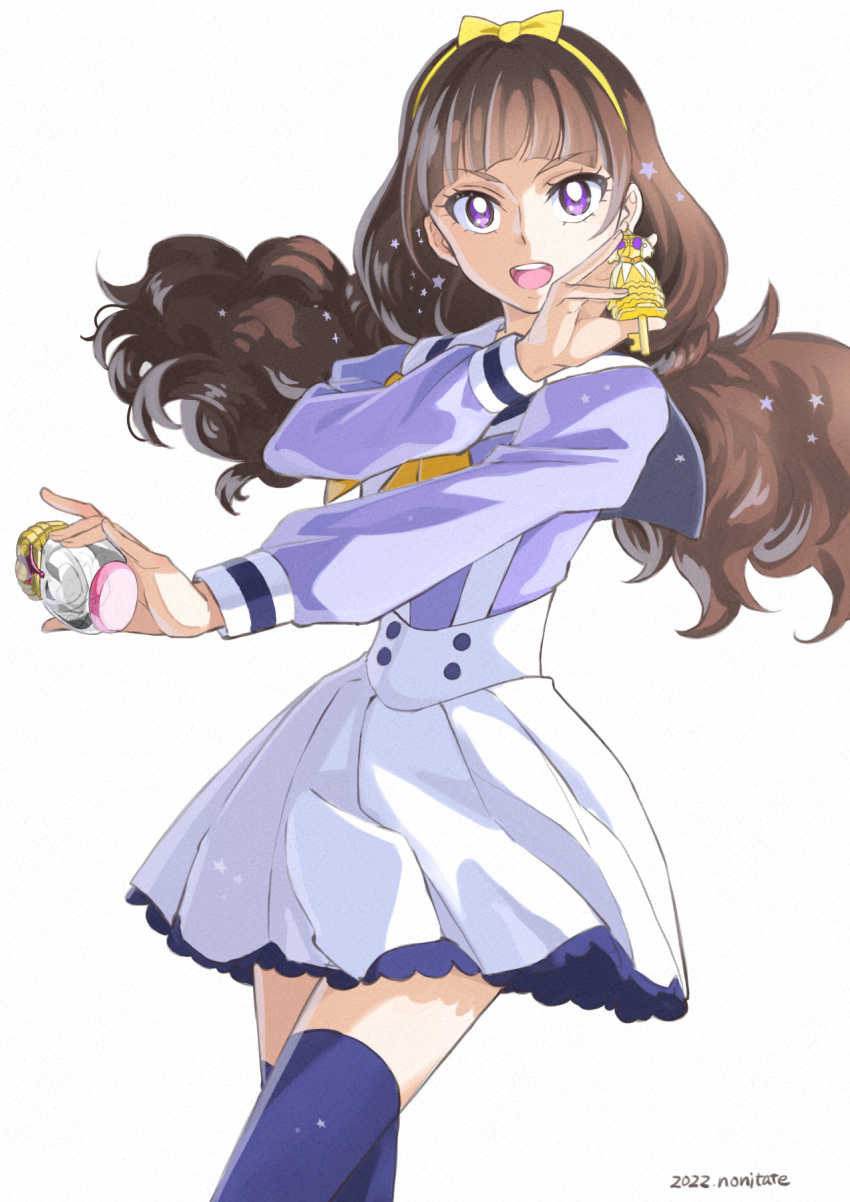 1girl amanogawa_kirara artist_name black_footwear bottle bow bowtie brown_hair cowboy_shot dated eyebrows forehead go!_princess_precure hair_ribbon hairband highres key long_hair long_sleeves looking_at_another noble_academy_school_uniform nonitate open_mouth orange_bow perfume_bottle pleated_skirt precure puffy_long_sleeves puffy_sleeves ribbon sailor_collar school_uniform skirt solo suspender_skirt suspenders thigh-highs twintails violet_eyes white_skirt