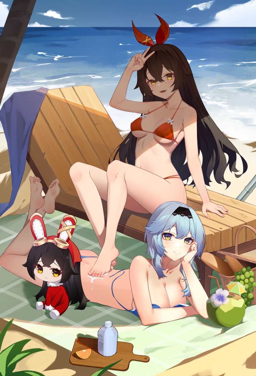 3girls absurdres amber_(genshin_impact) animal_ears applying_sunscreen arm_up bangs barefoot baron_bunny_(genshin_impact) beach beach_chair beach_towel bikini blue_bikini blue_sky blush bread breasts brown_hair closed_mouth cocktail_umbrella coconut drinking_straw eula_(genshin_impact) feet_up flower food foot_on_back fruit full_body genshin_impact grapes hairband heiyizhushenxia highres large_breasts light_blue_hair long_hair looking_at_viewer lotion lying medium_breasts medium_hair multiple_girls on_stomach open_mouth orange_(fruit) orange_slice rabbit_ears red_bikini sitting sky smile soles sunscreen swimsuit thighs towel untied untied_bikini v water yellow_eyes