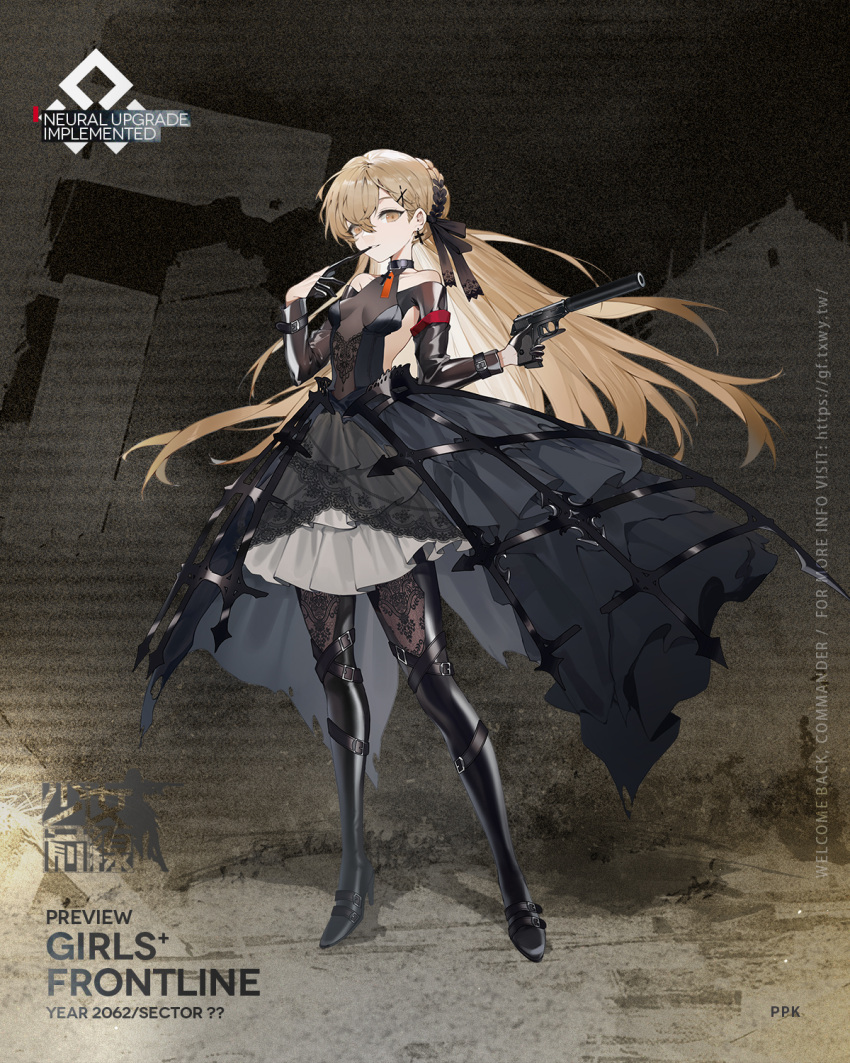 1girl artist_request bangs bare_shoulders biting black_choker black_dress black_footwear black_gloves bodystocking boots braid breasts character_name choker closed_mouth collarbone copyright_name cross cross_earrings cross_necklace dress earrings english_text eyebrows_visible_through_hair full_body girls_frontline glove_biting gloves gun hair_ornament hair_ribbon hairclip handgun high_heel_boots high_heels highres holding holding_gun holding_weapon jewelry light_brown_eyes light_brown_hair long_hair long_sleeves looking_at_viewer mod3_(girls'_frontline) necklace official_art pistol ppk_(girls'_frontline) promotional_art ribbon small_breasts solo standing very_long_hair walther walther_ppk weapon