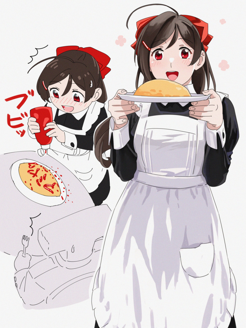 1boy 1girl absurdres ahoge alternate_costume apron black_dress blush brown_hair dress enmaided food food_writing fork hair_ornament hair_ribbon hairclip highres holding holding_fork holding_plate kantai_collection ketchup ketchup_bottle long_hair long_sleeves maid maid_day mamiya_(kancolle) ojipon omelet omurice open_mouth plate red_eyes red_ribbon ribbon smile t-head_admiral white_apron