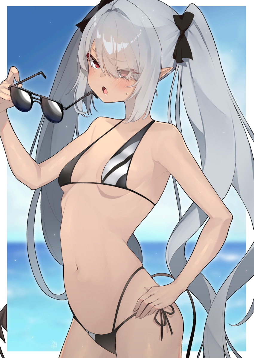 1girl absurdres bangs bikini black_bikini black_bow blue_archive blurry blurry_background blush bow breasts commentary_request dark-skinned_female dark_skin day grey_hair hair_between_eyes hair_bow hair_over_one_eye hand_on_hip highres holding holding_eyewear iori_(blue_archive) iori_(swimsuit)_(blue_archive) long_hair ocean outdoors parted_lips red_eyes sky small_breasts solo sunglasses sweat swimsuit tail twintails umashio very_long_hair