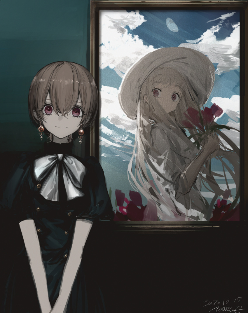 2girls blue_dress bow bowtie brown_hair buttons closed_mouth dated double-breasted dress earrings flower hair_between_eyes highres holding holding_flower jewelry looking_at_viewer multiple_girls narue original painting_(object) red_eyes signature smile v_arms white_bow white_bowtie