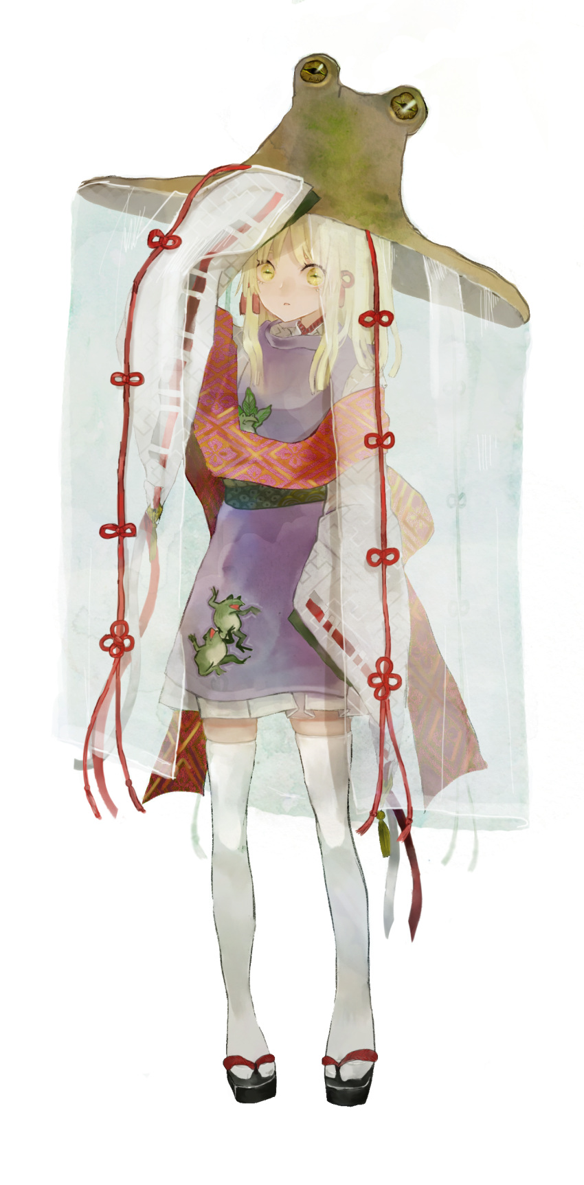 1girl absurdres adapted_costume animal_print blonde_hair commentary frog_print full_body green_sash hand_up hat highres horizontal_pupils looking_at_viewer medium_hair moriya_suwako open_mouth purple_skirt purple_vest red_ribbon red_shawl ribbon ribbon-trimmed_sleeves ribbon_trim sandals sano_naoi sash see-through shawl skirt sleeves_past_fingers sleeves_past_wrists solo thigh-highs touhou veil vest white_legwear yellow_eyes