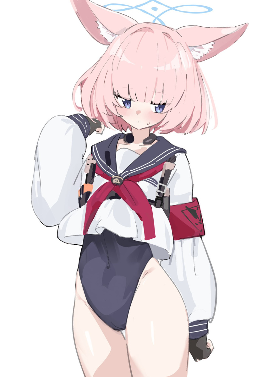 1girl animal_ear_fluff animal_ears armband bangs black_gloves blue_archive blue_eyes blue_leotard blunt_bangs blush covered_navel fingerless_gloves gloves halo highres leotard long_sleeves neckerchief nico_(blue_archive) ocha_(popopogg) pink_hair red_neckerchief sailor_collar simple_background sketch solo sweat white_background