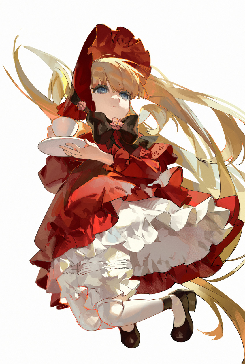 1girl bangs black_bow black_bowtie black_footwear blonde_hair blue_eyes bonnet bow bowtie commentary cup doll_joints dress flower frilled_dress frills from_below full_body highres holding holding_cup holding_saucer joints lolita_fashion long_hair pantyhose pekopeco pink_flower pink_rose red_dress red_headwear rose rozen_maiden saucer shinku shoes simple_background solo symbol-only_commentary teacup very_long_hair white_background white_legwear
