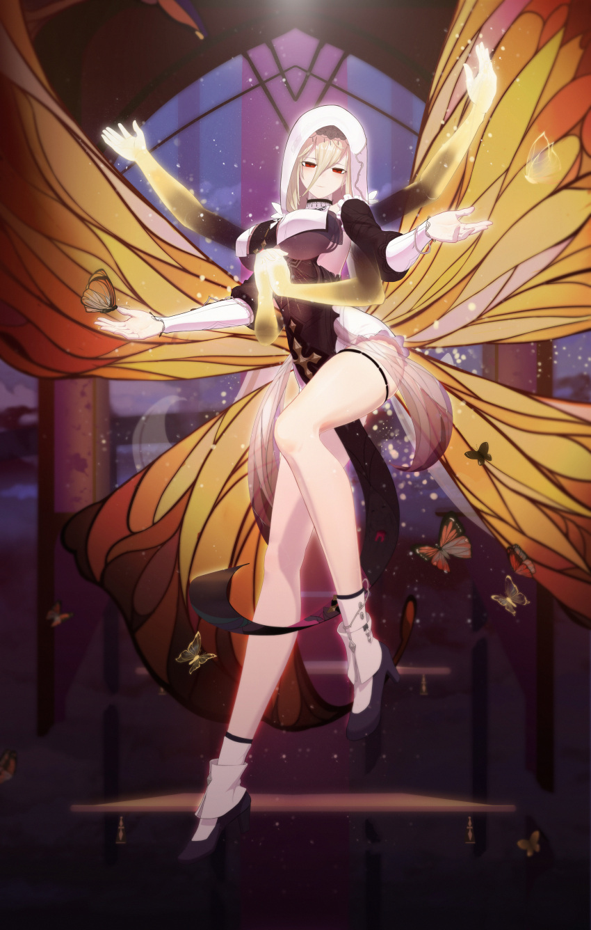 1girl absurdres aponia_(honkai_impact) bangs black_dress breasts brown_hair bug butterfly butterfly_wings church closed_mouth dress full_body high_heels highres honkai_(series) honkai_impact_3rd indoors long_hair long_sleeves looking_at_viewer nun orange_butterfly own_hands_together red_eyes rfbyhjr solo veil white_legwear window wings