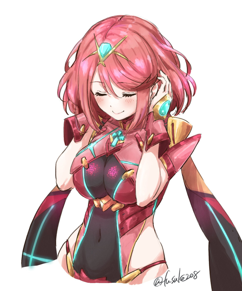 1girl bangs breasts chest_jewel closed_eyes fuusuke_(fusuke208) gem highres jewelry large_breasts pyra_(xenoblade) redhead short_hair smile solo swept_bangs tiara white_background xenoblade_chronicles_(series) xenoblade_chronicles_2