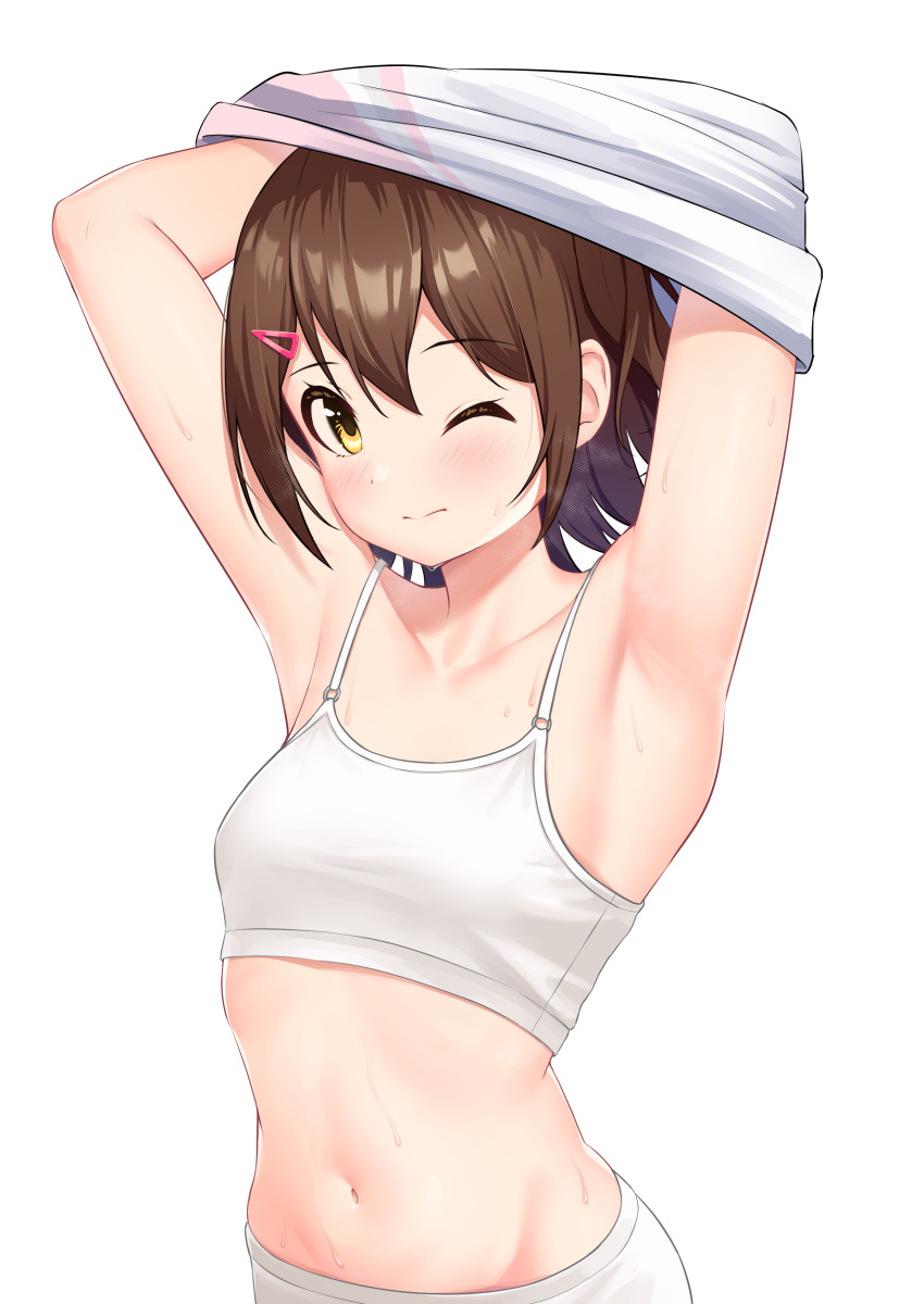 1girl ;| absurdres armpits arms_up blush brown_hair collarbone groin hair_ornament hairclip highres idolmaster idolmaster_million_live! kasuga_mirai looking_at_viewer navel panties shirt simple_background solo sweatdrop tank_top tsunenorip underwear undressing upper_body white_background white_panties white_shirt white_tank_top