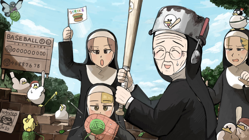 4girls animal_on_head baseball_bat bird blonde_hair blue_eyes brick_wall brown_eyes brown_hair catholic closed_eyes diva_(hyxpk) duck duckling flag glasses grumpy_nun_(diva) habit hair_ornament hairclip helmet highres hungry_nun_(diva) ladle little_nuns_(diva) mole_on_cheek mother_superior_(diva) multiple_girls nun old old_woman on_head outdoors oven_mitts pigeon poster_(object) pot pot_on_head round_eyewear spicy_nun_(diva) wanted wrinkled_skin yarn yarn_ball yellow_eyes