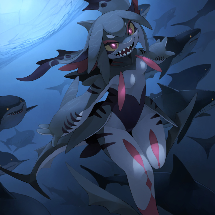 1girl animal_ears black_skin blue_background body_markings colored_sclera colored_skin dorsal_fin feet_out_of_frame fins fish_tail full_body gills glowing glowing_eyes grey_skin head_fins highres kamukamu6392 looking_away monster_girl original outstretched_arms pink_eyes pink_pupils red_skin shark shark_fin shark_girl shark_tail sharp_teeth short_eyebrows solo spread_arms swimming tail tail_fin teeth underwater yellow_sclera