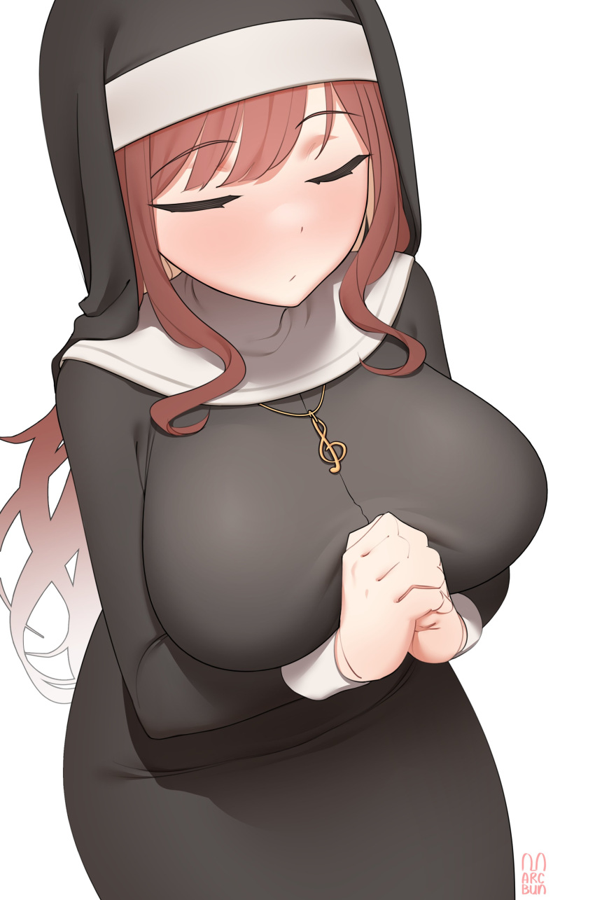 1girl absurdres alternate_costume arcbun artist_name black_dress blush breasts brown_hair closed_eyes dress eyebrows_visible_through_hair from_above habit highres indie_virtual_youtuber jewelry large_breasts long_hair miori_celesta necklace nun own_hands_clasped own_hands_together solo treble_clef virtual_youtuber white_background