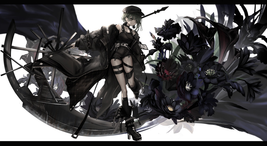 1girl boots collar collarbone earrings flower hat high_heel_boots high_heels highres holding holding_scythe id_card jacket jewelry looking_to_the_side narue original overalls pale_skin scythe short_hair solo thigh_strap weapon white_background