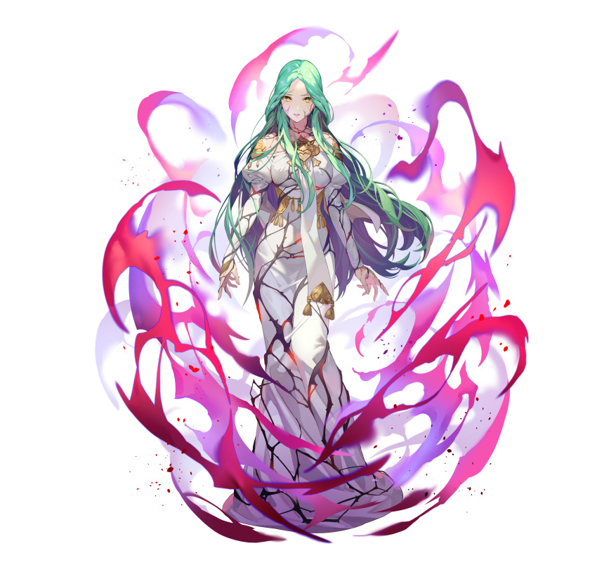 1girl absurdres aura bangs breasts commentary_request dark_aura dress fire_emblem fire_emblem:_three_houses fire_emblem_heroes full_body green_hair highres long_dress long_hair long_sleeves looking_at_viewer medium_breasts official_art pale_skin parted_bangs parted_lips puffy_sleeves rhea_(fire_emblem) simple_background solo standing teffish white_background white_dress yellow_eyes