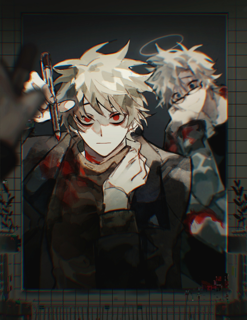 2boys :| atou_haruki black_jacket blonde_hair blood blood_stain blue_eyes blurry brown_sweater closed_mouth gyaku_(nixiangzisha) halo highres holding holding_pen jacket kanou_aogu mirror mixed-language_commentary multiple_boys pen red_eyes saibou_shinkyoku sanpaku short_hair smile suit_jacket sweater turtleneck turtleneck_sweater white_hair