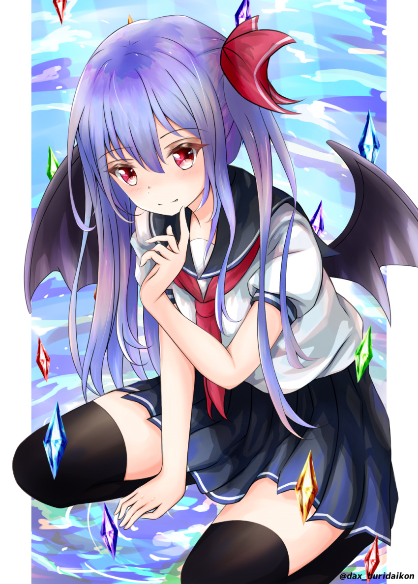 1girl bangs bat_wings between_legs black_legwear black_sailor_collar black_skirt black_wings blue_hair blush closed_mouth commentary_request crystal dakkusu eyebrows_visible_through_hair fang fang_out hair_between_eyes hair_ribbon hand_between_legs highres looking_at_viewer neckerchief pleated_skirt puffy_short_sleeves puffy_sleeves red_eyes red_neckerchief red_ribbon remilia_scarlet ribbon sailor_collar school_uniform seiza serafuku shirt short_sleeves side_ponytail sitting skirt smile solo thigh-highs touhou twitter_username white_shirt wings