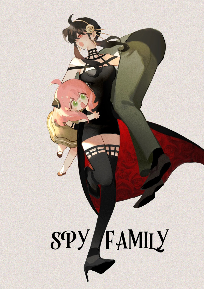 1boy 2girls :o ahoge anya_(spy_x_family) bangs black_dress black_eyes blush carrying carrying_person collared_shirt commentary copyright_name dress father_and_daughter full_body gold_hairband green_eyes green_pants grey_background high_heels highres horn_ornament horns husband_and_wife long_hair long_sleeves looking_to_the_side mother_and_daughter multi-strapped_dress multiple_girls pants pink_hair red_eyes shirt shoes sleeveless sleeveless_dress spy_x_family thigh-highs twilight_(spy_x_family) two-sided_dress two-sided_fabric white_shirt yionyi23 yor_briar