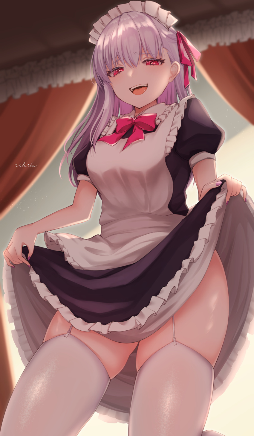 1girl absurdres alternate_costume apron black_dress clothes_lift dress dress_lift enmaided eyebrows_visible_through_hair fate/grand_order fate_(series) from_below garter_straps hair_between_eyes hair_ribbon highres ichi_kq kama_(fate) lifted_by_self long_hair looking_at_viewer maid maid_apron maid_headdress purple_nails red_eyes ribbon signature solo teasing thigh-highs thighs white_hair white_legwear