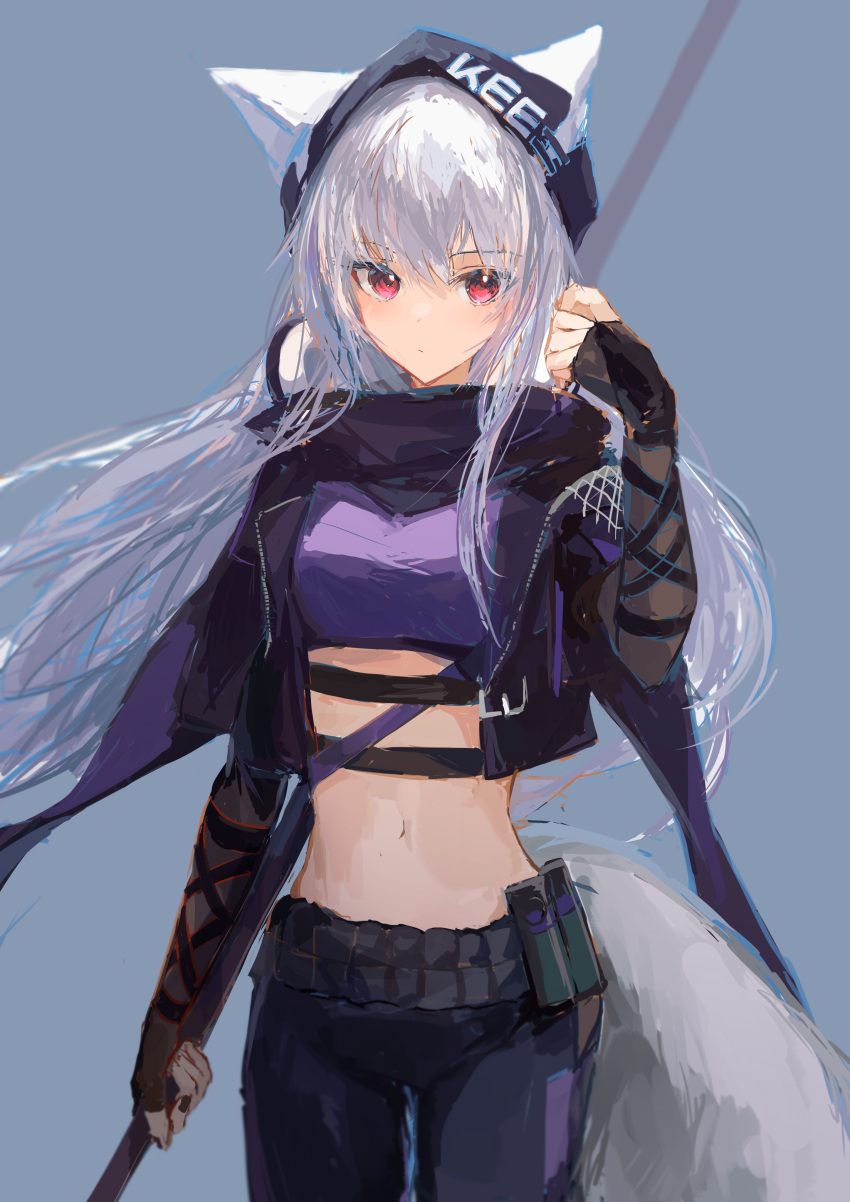 1girl absurdres animal_ears arknights arm_ribbon bangs beanie belt belt_buckle blue_background buckle closed_mouth cowboy_shot cropped_jacket ears_through_headwear eyebrows_visible_through_hair eyes_visible_through_hair fingerless_gloves fox_ears fox_girl fox_tail frostleaf_(arknights) frostleaf_(break_the_ice)_(arknights) gloves hair_between_eyes hat headphones headphones_around_neck highres holding holding_polearm holding_weapon ichika_(ichika87) layered_sleeves light_blush long_hair looking_at_viewer midriff polearm purple_scarf red_eyes ribbon scarf see-through see-through_sleeves sidelocks simple_background smoke_grenade solo tail weapon white_hair
