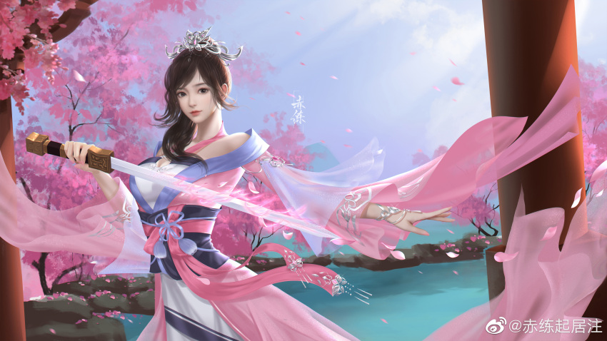 1girl absurdres blue_sky cherry_blossoms chi_lian_(qin_shi_ming_yue) chi_lian_qiju_zhu dress highres light_rays multicolored_clothes pillar pink_dress pond qin_shi_ming_yue ribbon rock sky solo sword tiara upper_body weapon