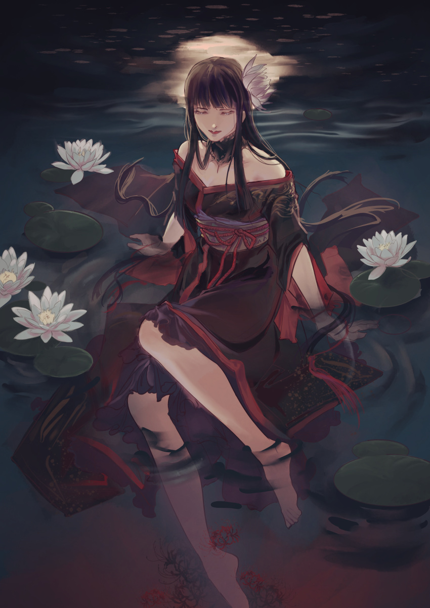 1girl absurdres bangs bare_shoulders barefoot black_collar black_hair black_kimono blunt_bangs blunt_ends collar collarbone dabaizhouyi final_fantasy final_fantasy_xiv flower from_above hair_flower hair_ornament highres hyur japanese_clothes kimono lily_pad long_hair looking_down moon moon_reflection night obi obiage obijime off-shoulder_kimono outdoors partially_submerged red_lips reflection sash sidelocks sitting soaking_feet solo spider_lily straight_hair water white_eyes wide_sleeves yotsuyu_(ff14)