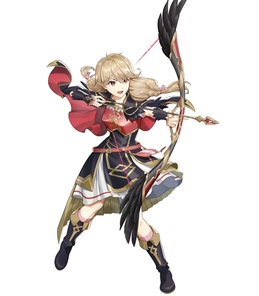 1girl alternate_costume armor bag bangs belt black_footwear boots bow braid breastplate bridal_gauntlets brown_eyes brown_hair capelet dress faye_(fire_emblem) feather_trim fire_emblem fire_emblem_echoes:_shadows_of_valentia fire_emblem_heroes full_body gold_trim hair_bow highres knee_boots long_hair mikurou_(nayuta) non-web_source official_art short_sleeves shoulder_armor solo twin_braids twintails