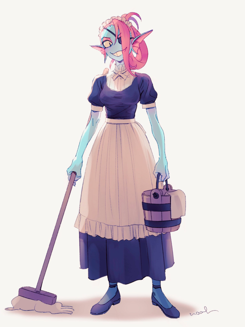 1girl alternate_costume apron black_dress black_footwear blue_skin breasts bucket colored_sclera colored_skin commentary_request dress enmaided eyepatch folded_ponytail hair_over_one_eye head_fins highres holding holding_bucket holding_mop looking_at_viewer maid maid_apron maid_day maid_headdress monster_girl mop noah_(tettsui-sole) puffy_short_sleeves puffy_sleeves redhead short_sleeves signature simple_background smile solo undertale undyne yellow_sclera yellow_teeth