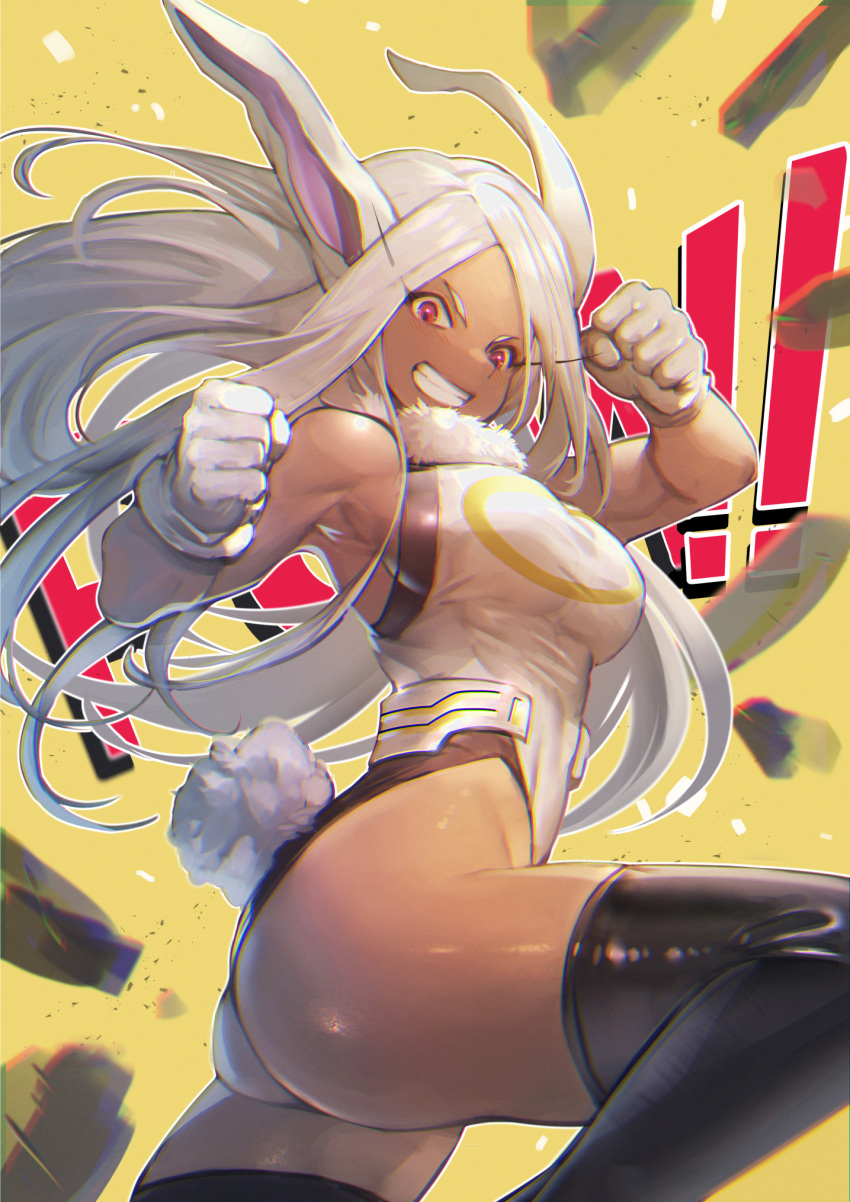 1girl animal_ears bangs bare_shoulders boku_no_hero_academia breasts crescent_print dark-skinned_female dark_skin highres large_breasts leotard long_eyelashes long_hair looking_at_viewer mirko muscular muscular_female parted_bangs rabbit_ears rabbit_girl rabbit_tail red_eyes solo tail teddy_(khanshin) thigh-highs thighs toned white_hair white_leotard