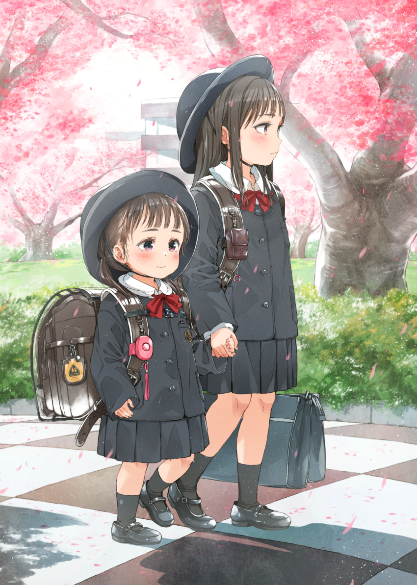2girls backpack bag bangs black_footwear black_hair black_headwear black_jacket black_legwear black_skirt blush bow checkered cherry_blossoms closed_mouth collared_shirt commentary_request crime_prevention_buzzer day gomennasai hat highres holding_hands jacket long_sleeves matching_outfit multiple_girls original outdoors pleated_skirt randoseru red_bow red_eyes school_hat shirt shoes siblings sisters skirt sleeves_past_wrists smile socks tree walking white_shirt