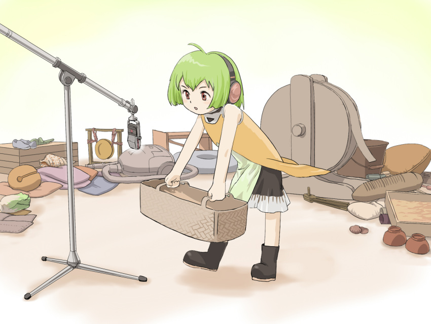 bare_shoulders basket bell bent_over boots bowl box brown_eyes bucket fl-chan fl_studio footstool gong green_hair headphones highres jingle_bell lettuce microphone microphone_stand nackpan piano_print pillow shell shoes short_hair skirt vacuum_cleaner young