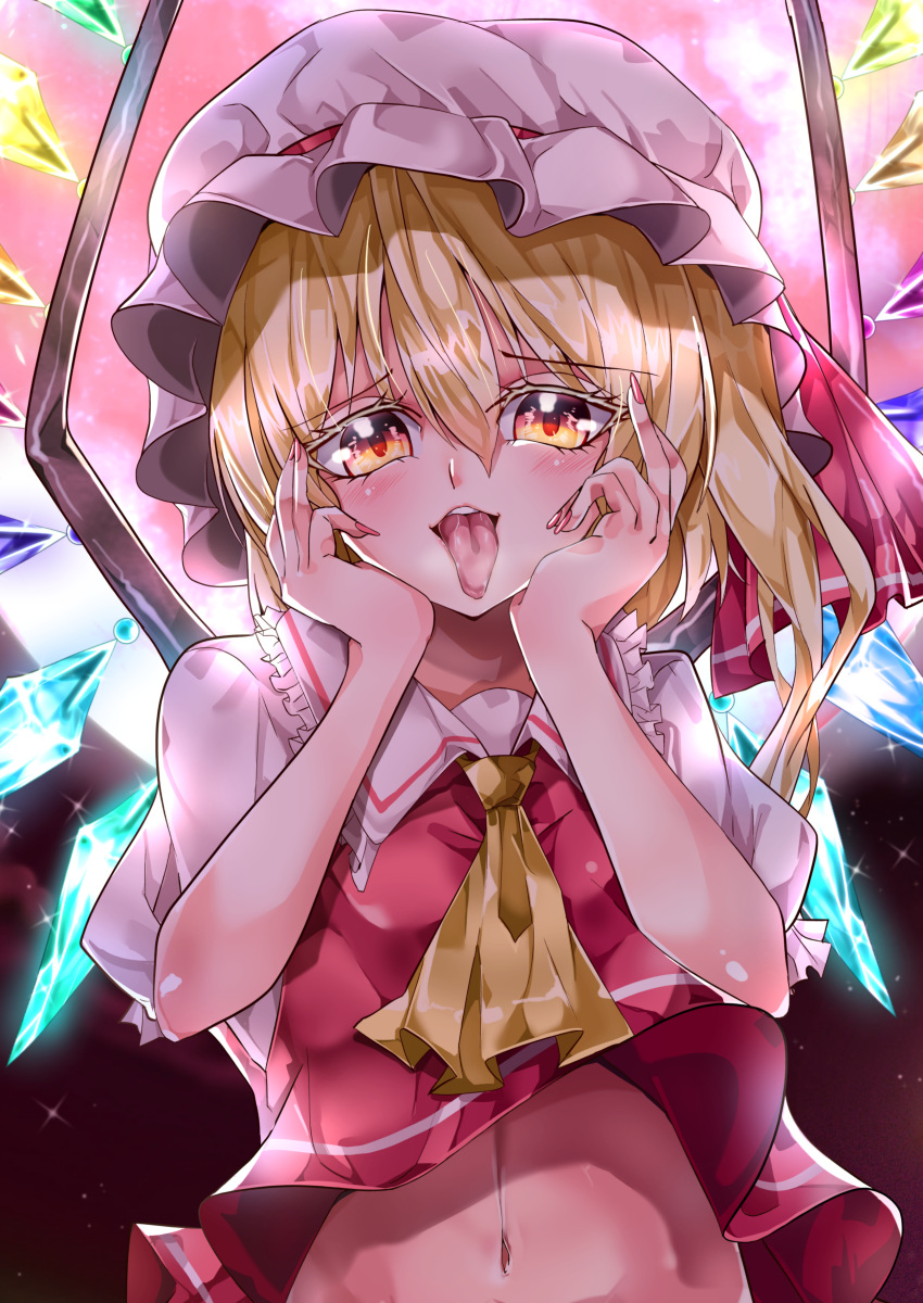 1girl absurdres ascot backlighting blonde_hair breasts collared_shirt commentary_request crystal eyebrows_visible_through_hair flandre_scarlet frilled_shirt_collar frilled_sleeves frills glowing glowing_wings hair_between_eyes hands_on_own_face hat hat_ribbon highres looking_at_viewer maboroshi_mochi medium_hair midriff mob_cap moon nail_polish navel open_mouth orange_eyes outdoors pink_nails puffy_short_sleeves puffy_sleeves red_moon red_ribbon red_vest ribbon shirt short_sleeves side_ponytail small_breasts solo teeth tongue tongue_out touhou upper_body upper_teeth vest white_headwear white_shirt wings yandere_trance yellow_ascot