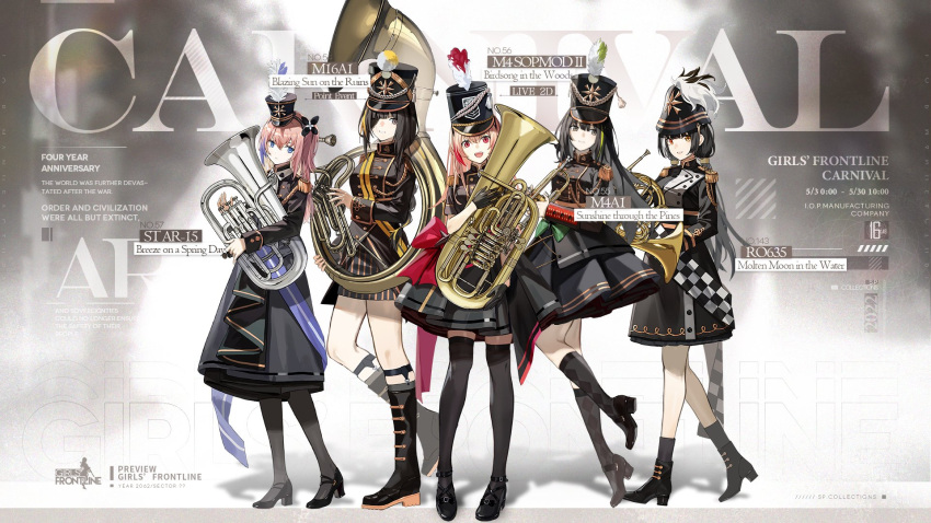 5girls anti-rain_(girls'_frontline) artist_request bangs black_footwear black_gloves black_hair black_headwear black_legwear black_skirt blue_eyes boots bow breasts character_name closed_mouth copyright_name dress dress_bow english_commentary english_text euphonium eyebrows_visible_through_hair eyepatch feather_hair_ornament feathers french_horn girls_frontline gloves green_bow grey_eyes hair_ornament hairband hat heterochromia highres holding holding_instrument instrument long_hair looking_at_viewer m16a1_(blazing_sun_on_the_ruins)_(girls'_frontline) m16a1_(girls'_frontline) m4_sopmod_ii_(birdsong_in_the_woods)_(girls'_frontline) m4_sopmod_ii_(girls'_frontline) m4a1_(girls'_frontline) m4a1_(sunshine_through_the_pines)_(girls'_frontline) marching_band medium_breasts mini_hat multicolored_hair multiple_girls nunuan official_alternate_costume official_art open_mouth pantyhose pink_hair promotional_art red_bow red_eyes ro635_(girls'_frontline) ro635_(molten_moon_in_the_water)_(girls'_frontline) shoes skirt smile socks sousaphone st_ar-15_(breeze_on_a_spring_day)_(girls'_frontline) st_ar-15_(girls'_frontline) standing standing_on_one_leg streaked_hair tape thigh-highs trumpet tuba uniform yellow_eyes