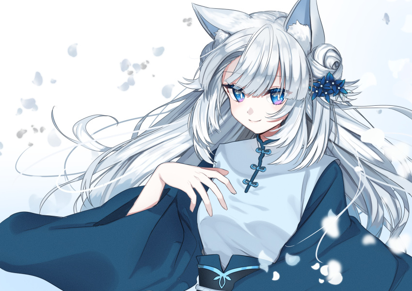 1girl animal_ear_fluff animal_ears bangs blue_eyes breasts cat_ears chinese_clothes closed_mouth commentary commission commissioner_upload double_bun eyebrows_visible_through_hair falling_petals flower hair_flower hair_ornament hand_on_own_chest hand_up highres indie_virtual_youtuber long_sleeves looking_at_viewer md5_mismatch medium_breasts petals sash shei_(vtuber) simple_background skeb_commission smile solo tsurime utaha_shiu virtual_youtuber white_hair