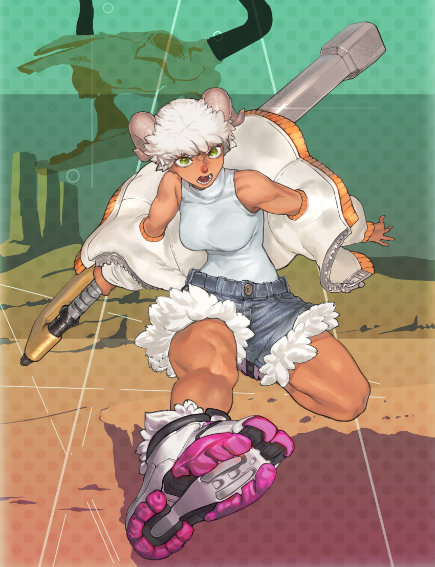 1girl absurdres biceps breasts commentary_request curled_horns dark-skinned_female dark_skin denim denim_shorts desert goat_horns green_eyes highres holding holding_weapon horns incoming_attack jacket keyblade medium_breasts muscular muscular_female off_shoulder open_clothes open_jacket open_mouth original primrose_mary reverse_grip shoes short_hair shorts skinnytorch sleeveless sleeveless_turtleneck sneakers solo thighs turtleneck weapon white_fur white_hair white_jacket