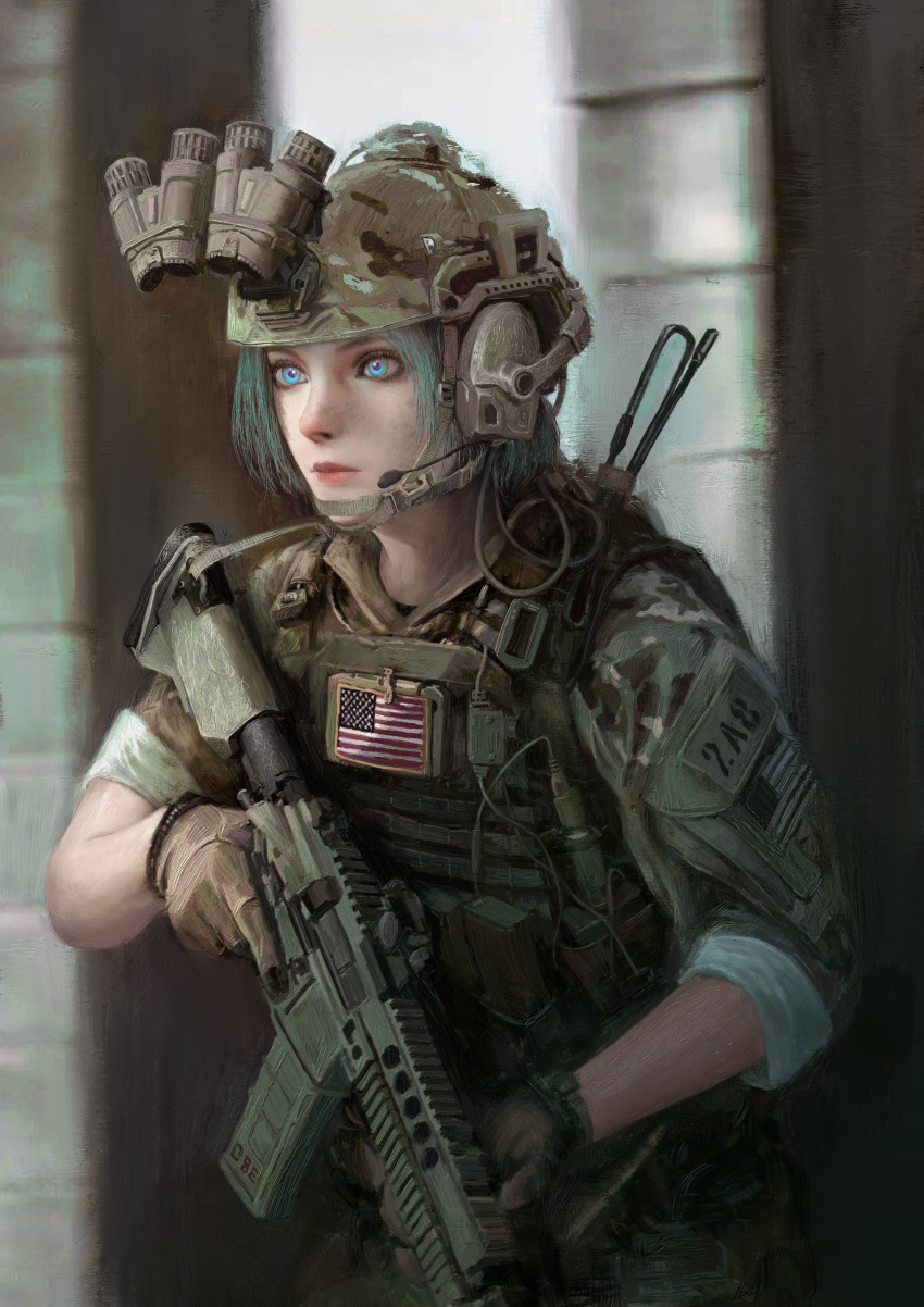 1girl absurdres american_flag ar-15 assault_rifle blue_eyes bulletproof_vest ear_protection gloves green_hair gun headset helmet highres military military_uniform night_vision_device original rifle sleeves_folded_up soldier uniform watch weapon xianggang_jizhe