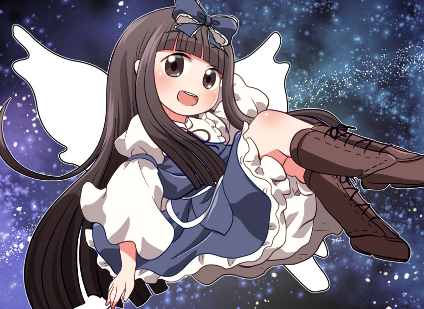 1girl bangs black_hair blue_bow blue_dress blunt_bangs blush boots bow brown_eyes brown_footwear cross-laced_footwear dress eyebrows_visible_through_hair fairy fairy_wings hair_bow knee_boots lace-up_boots long_hair long_sleeves open_mouth rokugou_daisuke smile solo star_sapphire teeth touhou upper_teeth wings