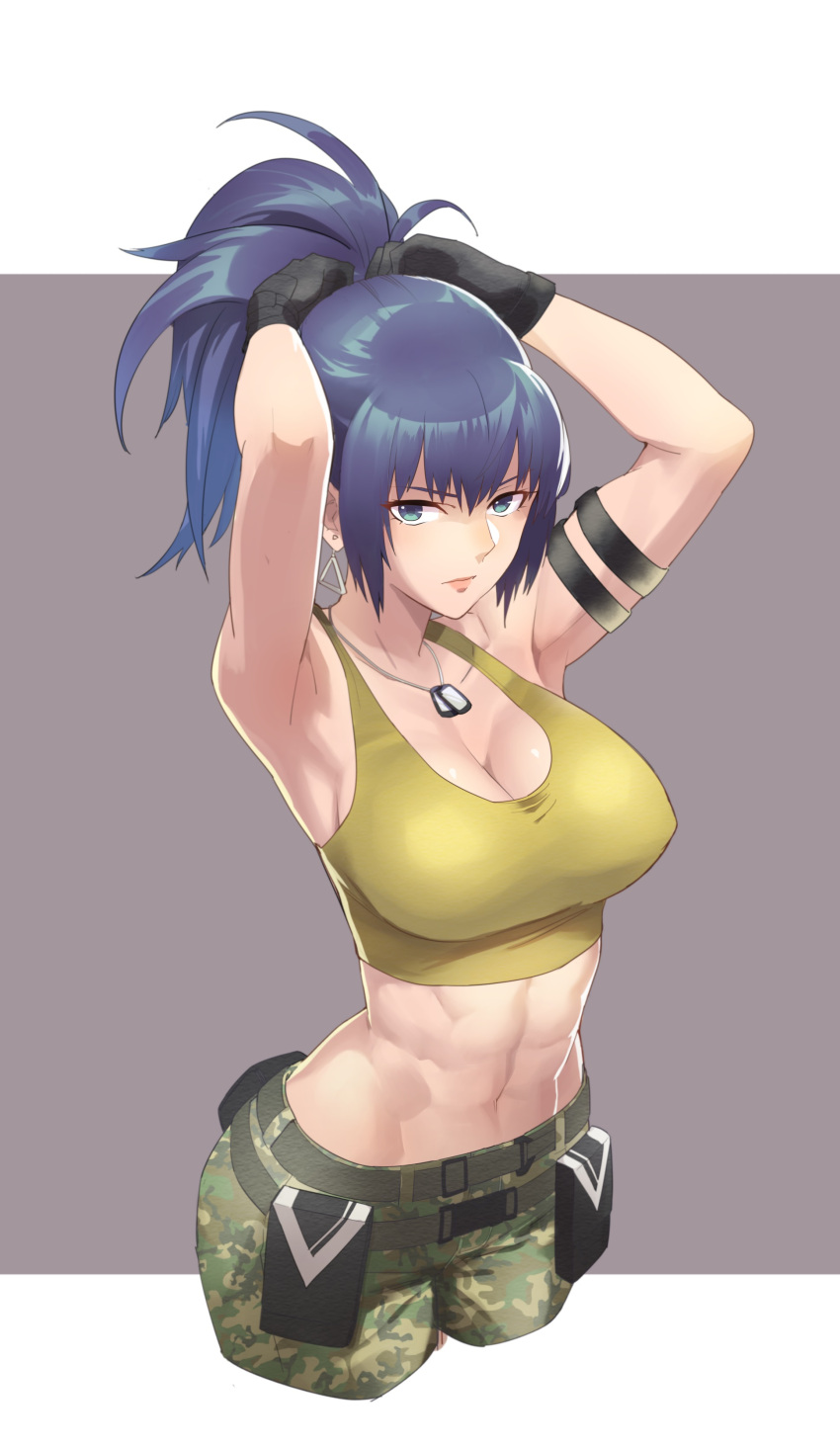 1girl abs absurdres armpits breasts camouflage camouflage_pants cargo_pants dog_tags earrings highres jewelry large_breasts leona_heidern muscular muscular_female navel pants snk solo tank_top the_king_of_fighters the_king_of_fighters_xiv the_king_of_fighters_xv triangle_earrings yellow_tank_top yiran_kong_xian