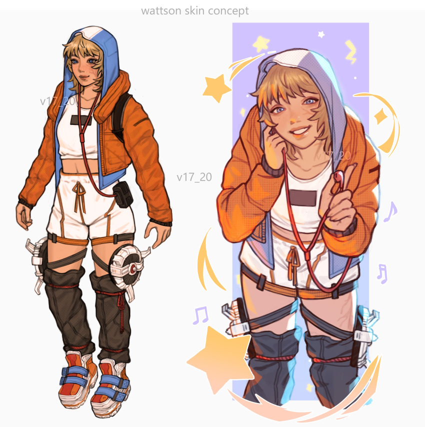 1girl absurdres adapted_costume apex_legends bangs boots cable character_name crop_top earphones earphones highres jacket leaning_forward looking_at_viewer orange_jacket parted_lips shirt short_hair shorts smile star_(symbol) symbol-only_commentary thigh_strap tube_socks vesper_(v17-20) wattson_(apex_legends) white_shirt white_shorts