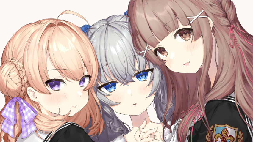 3girls ahoge bangs blonde_hair blue_eyes blush bow braid brown_eyes brown_hair character_request checkered_bow checkered_clothes close-up collarbone copyright_request double_bun eyebrows_visible_through_hair flower grey_hair hair_bow hair_bun hair_ornament hair_ribbon hairclip head_tilt highres lily_(flower) long_hair looking_at_viewer mejiro_yae multiple_girls open_mouth parted_lips pout purple_bow red_ribbon ribbon shoulder_patches sidelocks simple_background smile violet_eyes virtual_youtuber white_bow