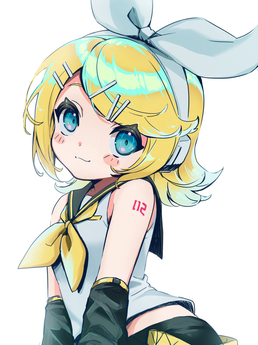 1girl :3 absurdres ascot bare_shoulders blonde_hair blue_eyes bow detached_sleeves flat_chest gaogao_(gaogaomegu) hair_bow hair_ornament hairclip headphones headset highres kagamine_rin leg_warmers midriff_peek number_tattoo sailor_collar shirt shorts shoulder_tattoo sleeveless sleeveless_shirt solo tattoo upper_body vocaloid yellow_ascot