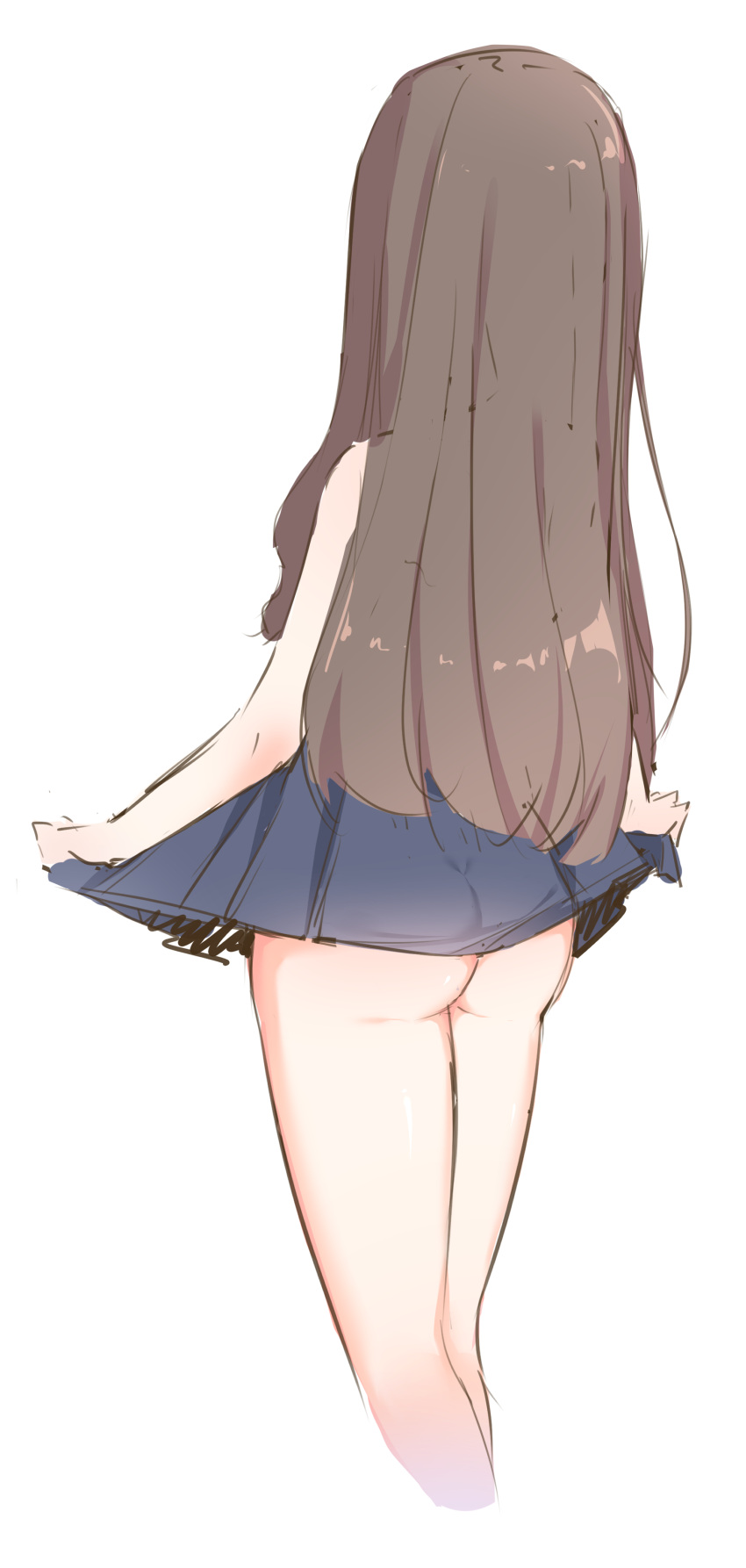 1girl absurdres ass ass_focus brown_hair clothes_lift commentary_request from_behind highres ine_(ineinnen) lifted_by_self long_hair no_panties original pleated_skirt purple_skirt simple_background sketch skirt skirt_lift standing straight_hair thighs underbutt white_background
