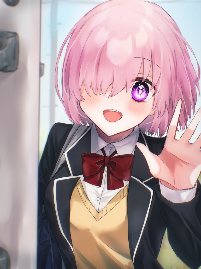1girl alternate_costume black_jacket blush bow bowtie collared_shirt commentary_request door eyebrows_visible_through_hair fate/grand_order fate_(series) hair_over_one_eye harukappa highres jacket long_sleeves looking_at_viewer mash_kyrielight mash_kyrielight_(spring's_new_master) official_alternate_costume one_eye_covered open_clothes open_jacket open_mouth pink_hair red_bow school_uniform shirt short_hair smile solo teeth uniform upper_body upper_teeth vest violet_eyes white_shirt yellow_vest
