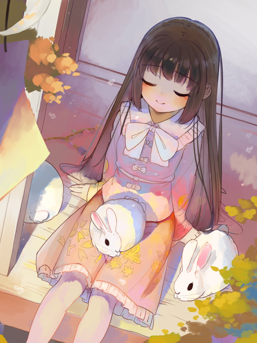 1girl absurdres animal_on_lap black_hair blush bow bowtie bush closed_eyes collared_shirt eyebrows_visible_through_hair feet_out_of_frame floral_print frilled_shirt_collar frilled_skirt frills highres hime_cut houraisan_kaguya housulu long_hair long_sleeves on_lap pink_shirt pink_skirt porch rabbit shirt shirt_bow sitting skirt smile solo symbol-only_commentary touhou white_bow