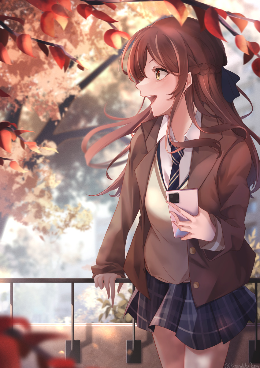 1girl absurdres autumn autumn_leaves blue_skirt blush bow branch brown_hair brown_jacket cardigan cellphone collared_shirt commentary_request cowboy_shot dappled_sunlight day hair_between_eyes hair_bow half_updo hand_on_railing highres holding holding_phone idolmaster idolmaster_shiny_colors jacket leaf leaning_on_rail long_hair looking_to_the_side necktie odecono3 open_mouth osaki_amana outdoors phone plaid plaid_skirt pleated_skirt railing school_uniform shirt skirt smartphone smile solo standing sunlight teeth tree white_shirt yellow_cardigan yellow_eyes