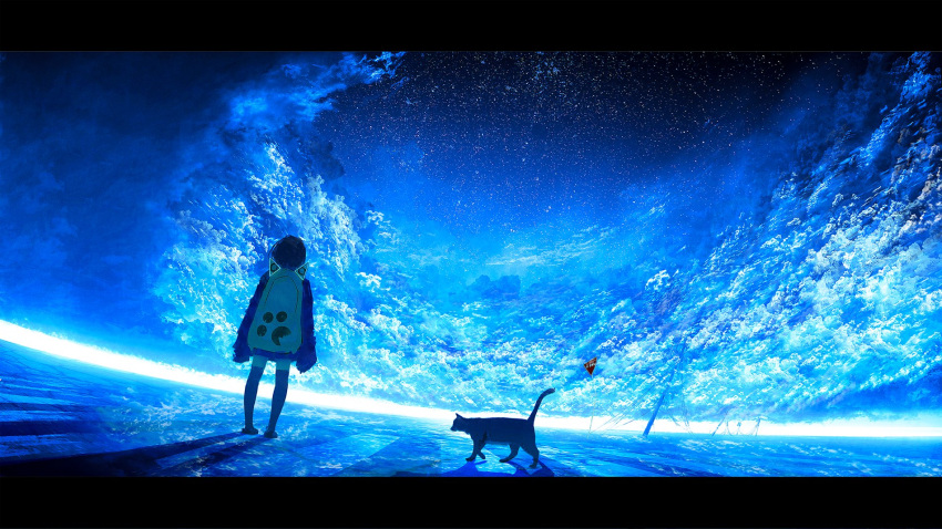 1girl animal_ears backpack bag black_cat black_hair blue_sky blue_theme cable cat cat_ears cat_paw chocoshi clouds cloudy_sky dutch_angle facing_away from_behind full_body highres hood hoodie horizon light light_particles night night_sky original oversized_clothes perspective pleated_skirt reflective_floor road road_sign scenery science_fiction shadow short_hair sign skirt sky sky_focus sleeves_past_fingers sleeves_past_wrists solo standing star_(sky) starry_sky stop_sign thigh-highs utility_pole walking zettai_ryouiki