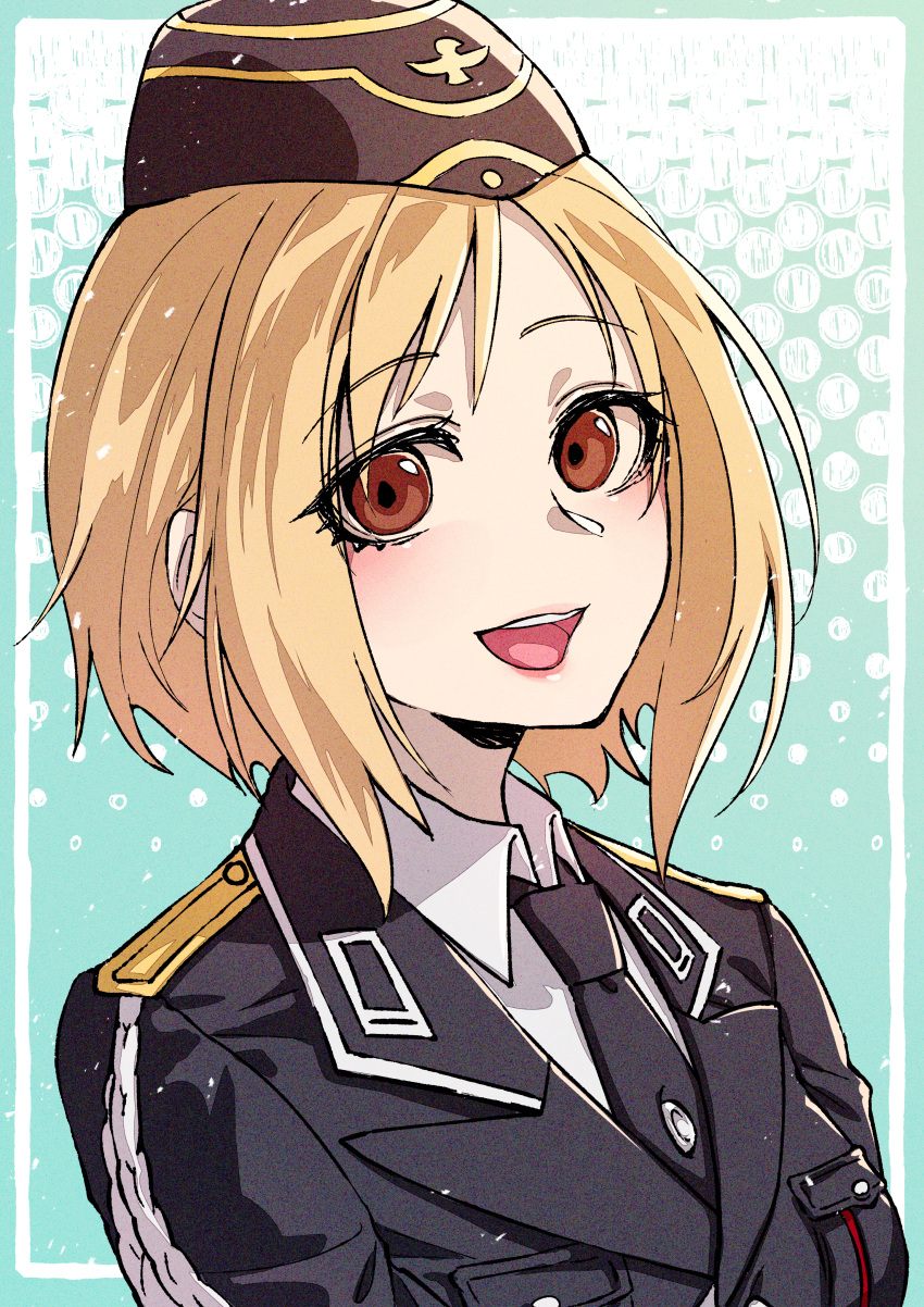 1girl absurdres blonde_hair brown_eyes commission eyebrows_visible_through_hair gamingpotete girls_frontline highres looking_at_viewer military military_uniform mp40_(girls'_frontline) necktie short_hair simple_background uniform