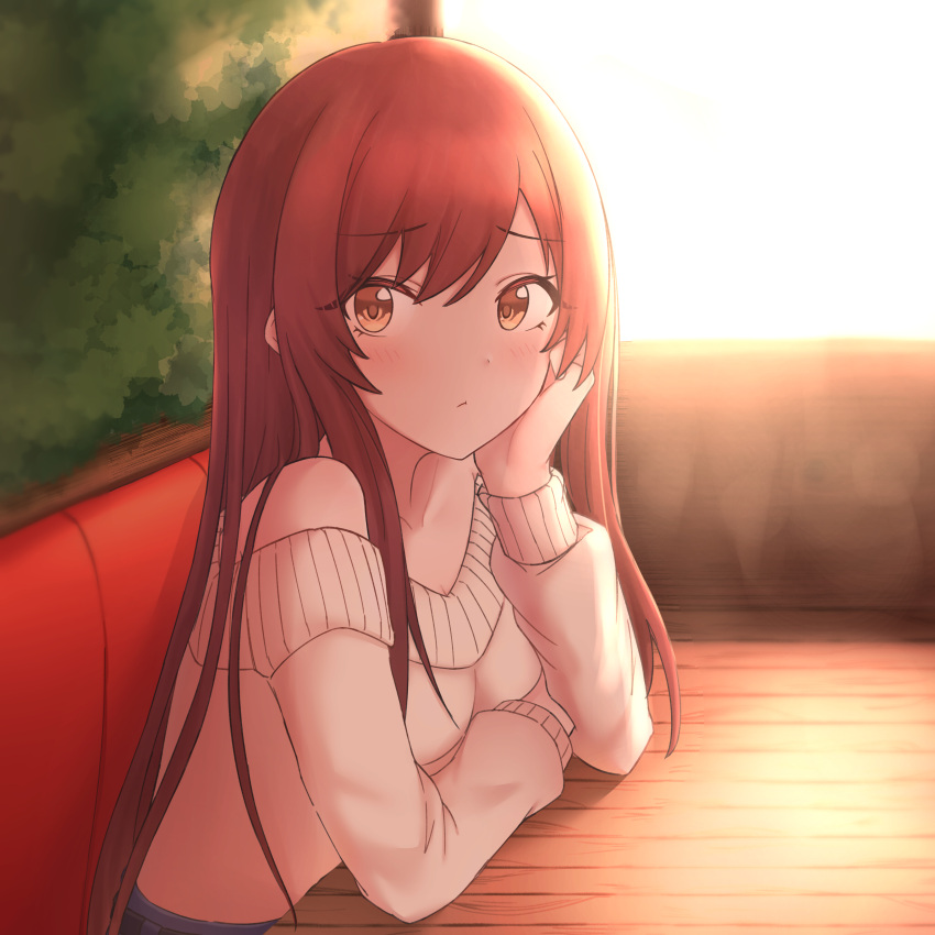 1girl absurdres arm_across_chest arm_support backlighting bare_shoulders blue_skirt blush booth_seating breasts brown_hair brown_sweater cafe closed_mouth collarbone commentary_request day eyebrows_visible_through_hair highres idolmaster idolmaster_shiny_colors kenken_(keuken) leaning_on_table looking_at_viewer medium_breasts osaki_amana partial_commentary pleated_skirt sitting skirt solo strapless sunlight sweater upper_body window yellow_eyes